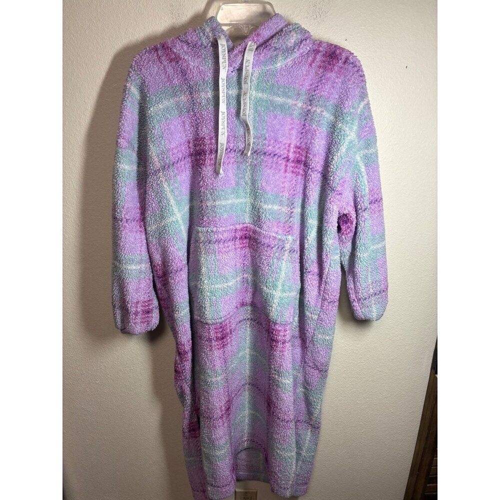 Joyspun Hoodie Robe Fleece Plaid Sleepwear Pajamas Nightgown Purple Size Small